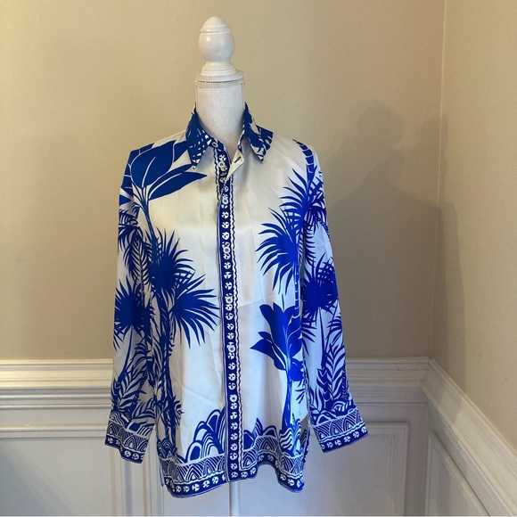 ZARA SET Blue White Tropical Palm Print Satin Button Down Shirt & Bermuda Shorts - Picture 14 of 15